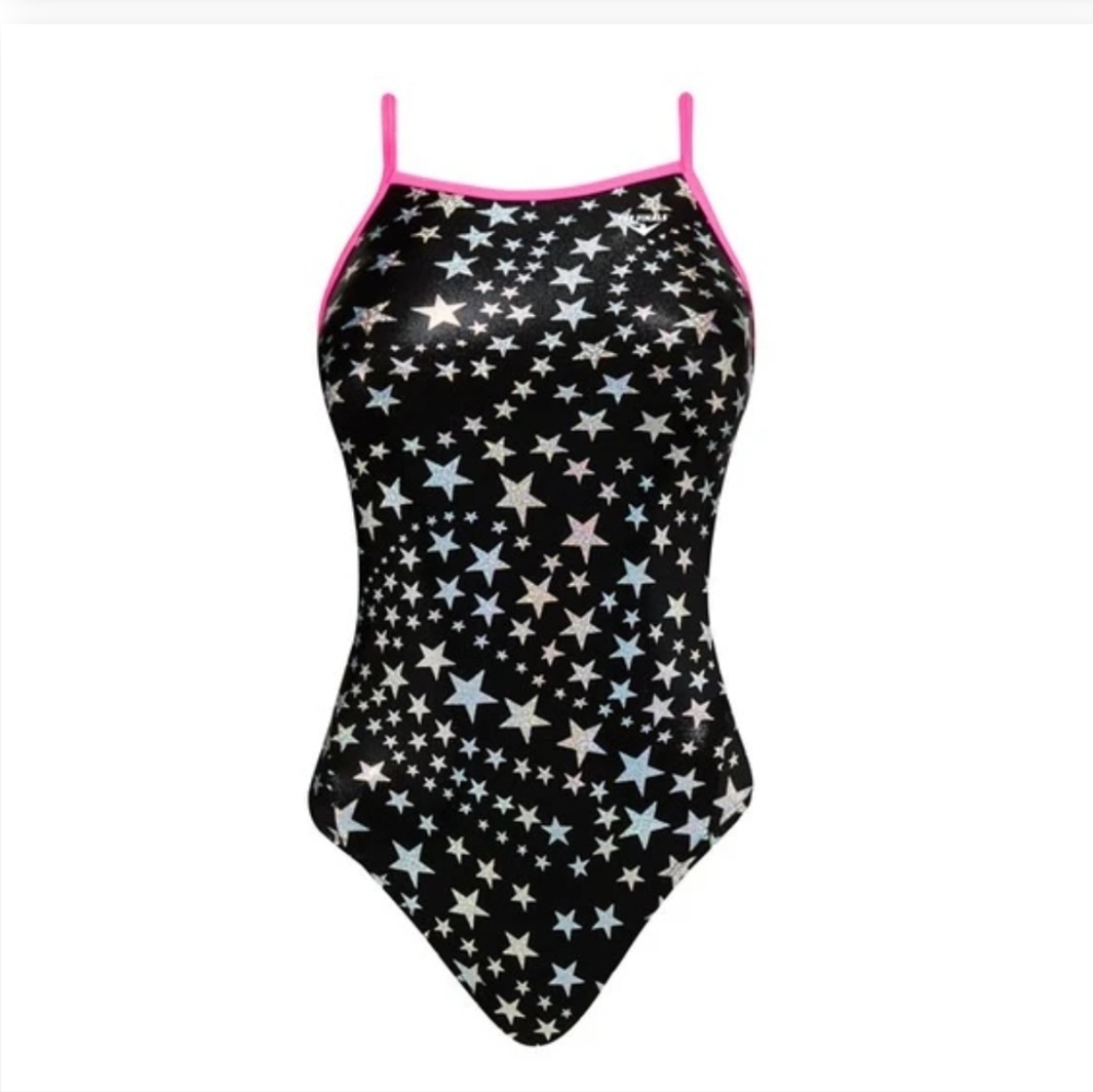 TYR The Finals Women Starbright Foil Swimsuit Wing back Black/silver Size 28 New